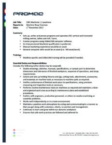 Job description for cnc machinist